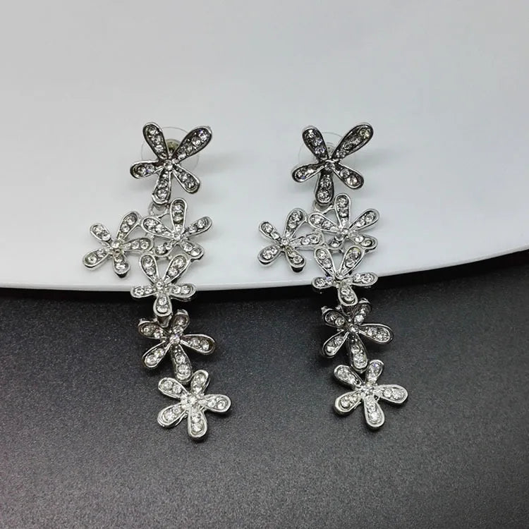 00190 - 2 Silver Chic Flower Statement Stud Earrings Handmade Drop Dangle Earrings for Women Girls - SN Wigs & More