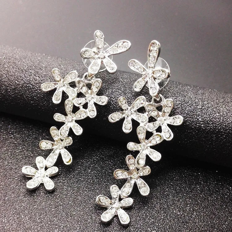 00190 - 2 Silver Chic Flower Statement Stud Earrings Handmade Drop Dangle Earrings for Women Girls - SN Wigs & More