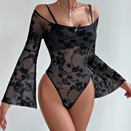 002X 2024 New Sexy Teddy Bodysuit for women Transparent Floral Embroidered Long Wide Sleeves Mesh Perspective Lace Jumpsuit - SN Wigs & More