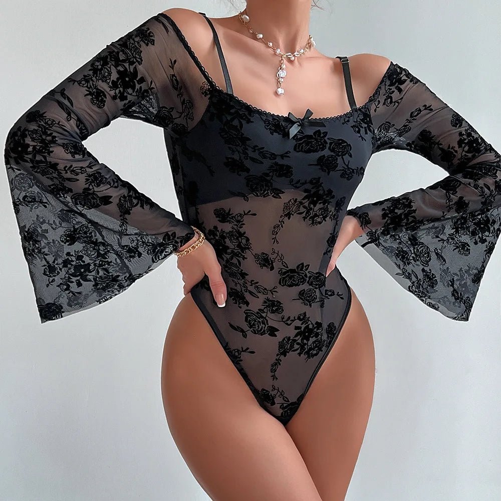 002X 2024 New Sexy Teddy Bodysuit for women Transparent Floral Embroidered Long Wide Sleeves Mesh Perspective Lace Jumpsuit - SN Wigs & More