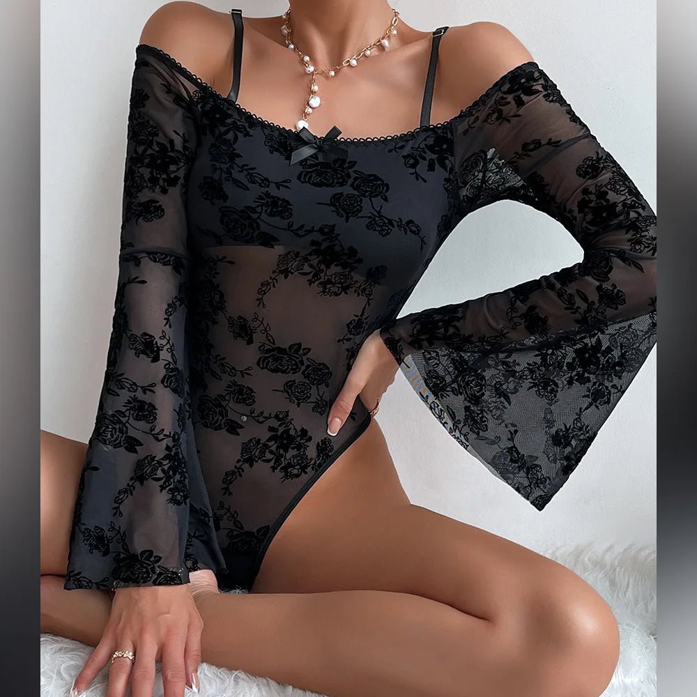 002X 2024 New Sexy Teddy Bodysuit for women Transparent Floral Embroidered Long Wide Sleeves Mesh Perspective Lace Jumpsuit - SN Wigs & More