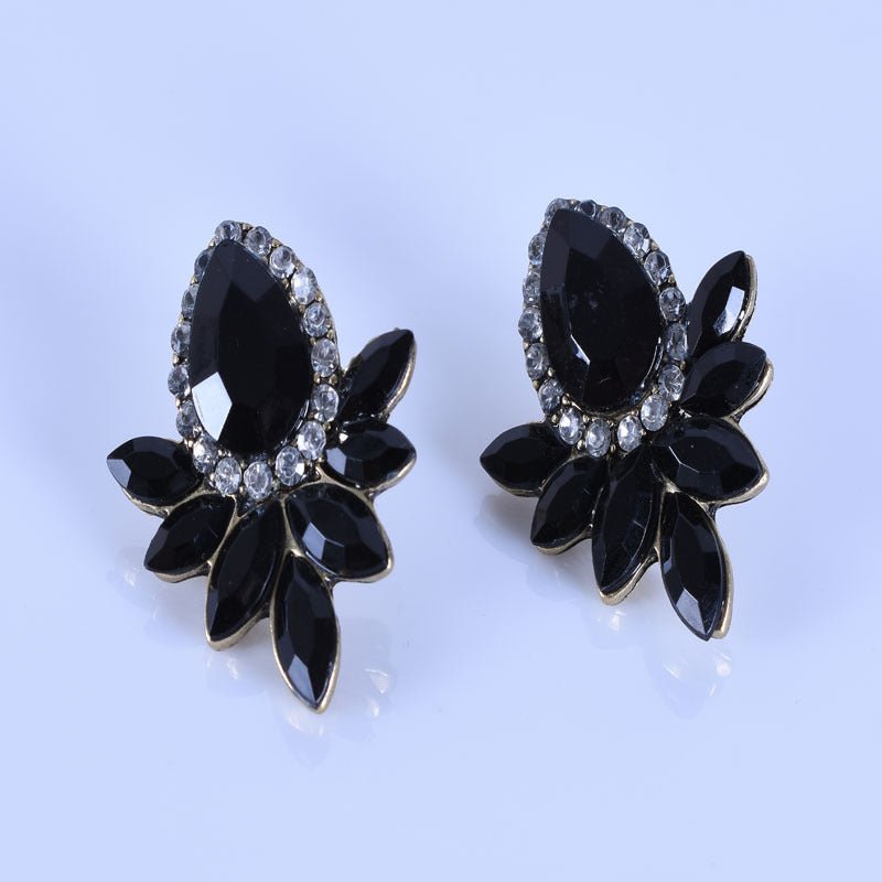 00369 - 10 Fashion Crystal Earrings Rhinestone Black Pink Glass Black Metal Leaf Earrings - SN Wigs & More