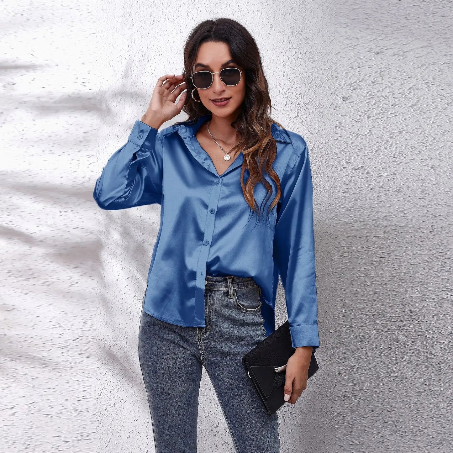 0212YT Women White Simulated Silk Shirt Tops Lady Long Sleeve Office Ladies Satin Blouse Blusas Women's Blouses & Shirts - SN Wigs & More