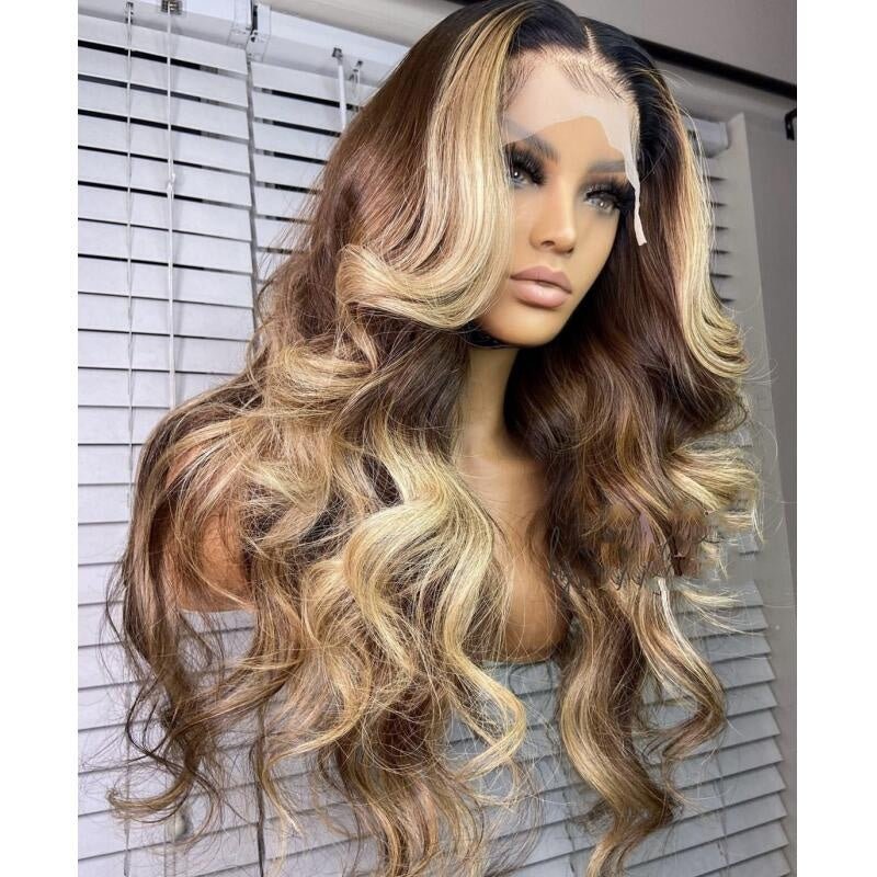 #27 honey blonde colored body wave human hair wigs 360 full lace highlight wigs for black women 200 density hd lace wig - SN Wigs & More