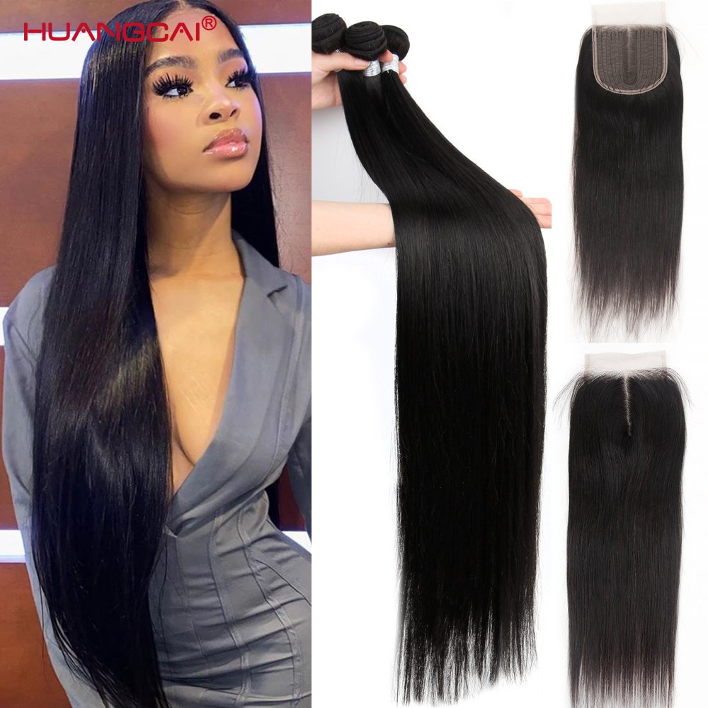 36 38 40 inch Long Straight Bundles With Closure Human Hair Brazilian Hair Weave Straight Extension With 5x5x1 Closure For Women - SN Wigs & More