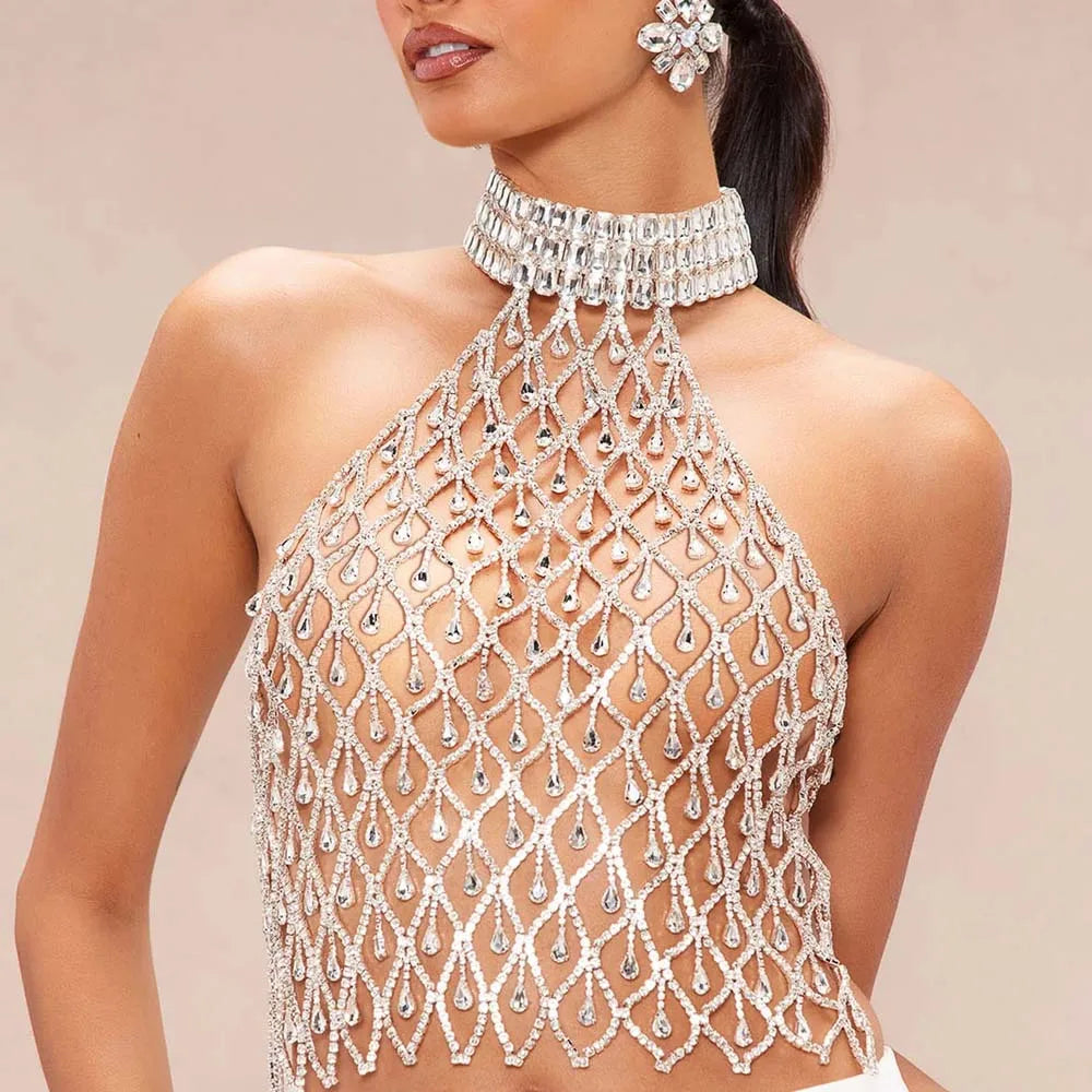 Stonefans Exaggeration Mesh Chest Chain Jewellery Rhinestone Fashion Costume Dance Bohemian Embellished Top Bra Decoration Gifts