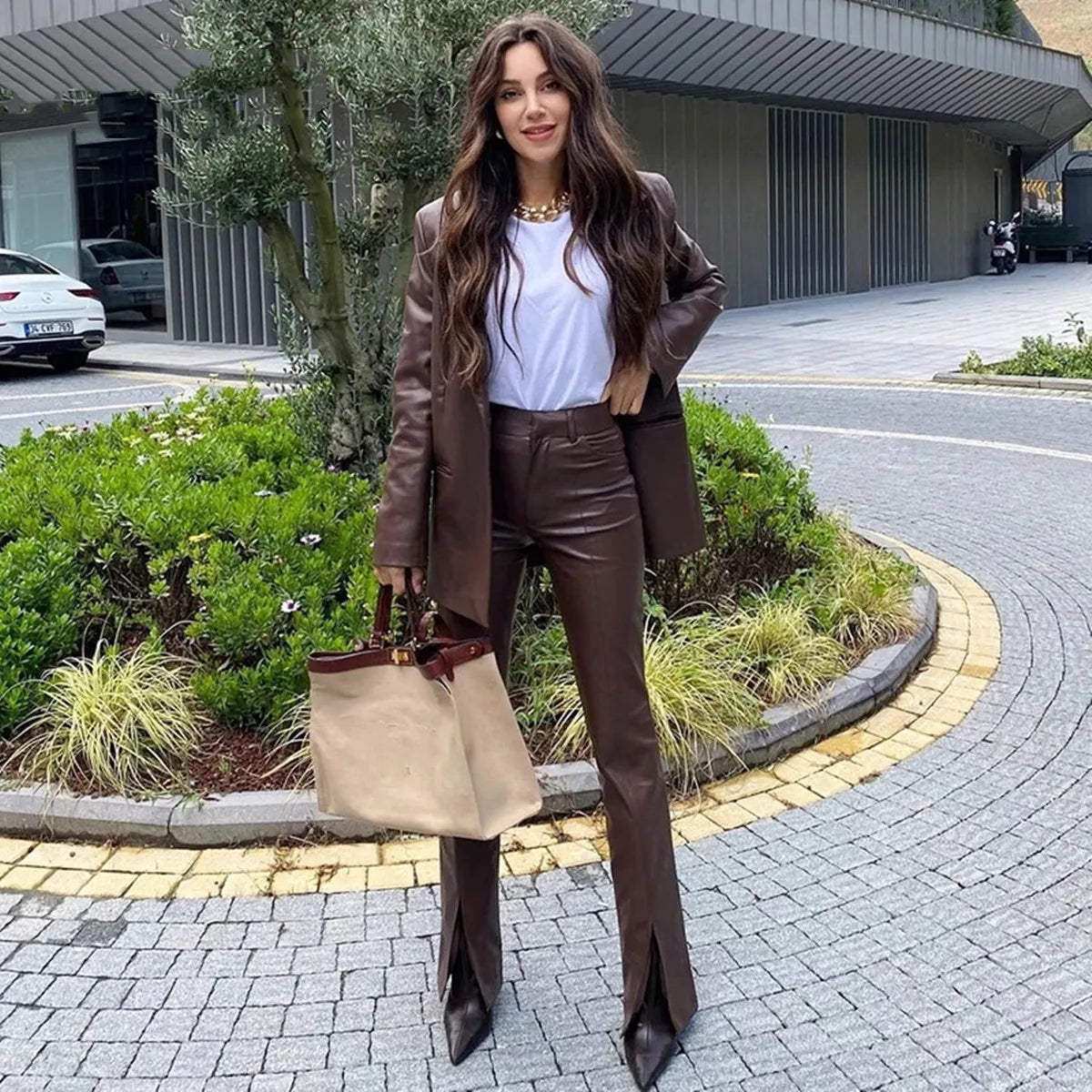 Leather Brown Blazer Suits 2 Pieces Slit PU Pants Streetwear Casual Daily Jacket Single Breasted Chic Custom Made Blazer