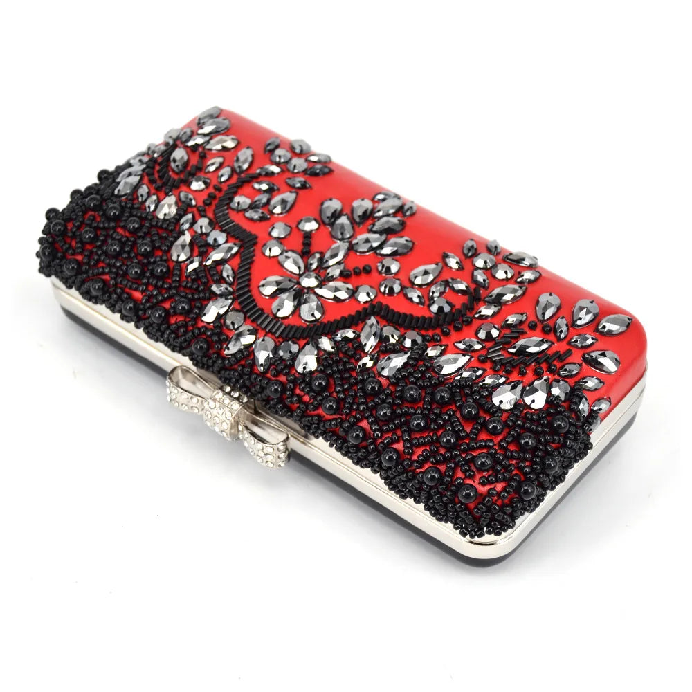 Black Beading Red Pu Women Clutch Evening Bag With Chain diamonds luxurious Day Clutches messenger shoulder Bag wallet handbags