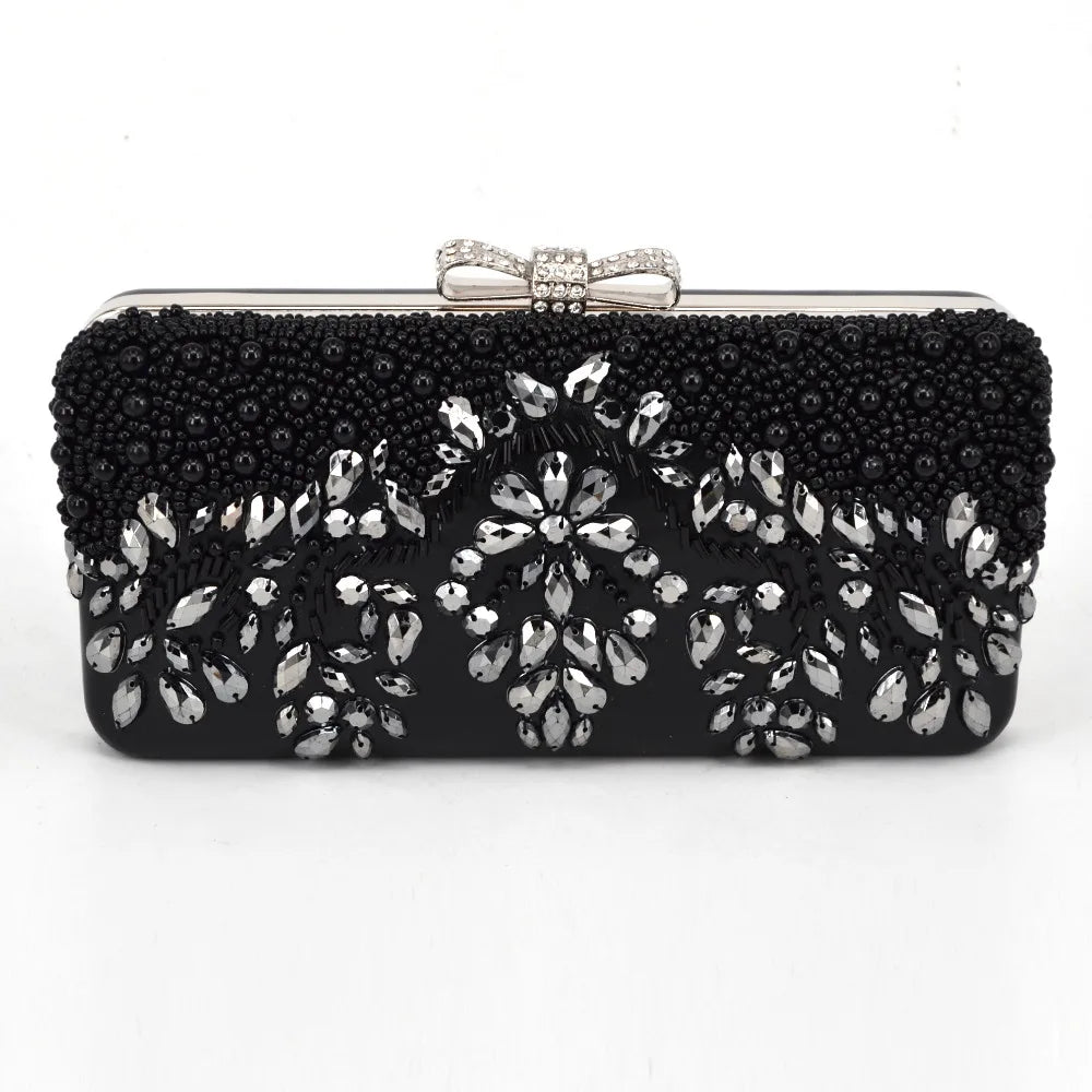 Black Beading Red Pu Women Clutch Evening Bag With Chain diamonds luxurious Day Clutches messenger shoulder Bag wallet handbags