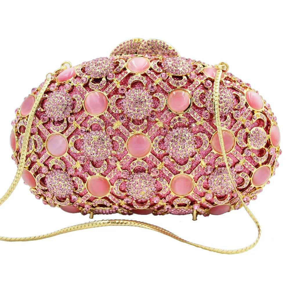 Deluxe Pink Crystal Clutch Purse Women Chain Box Evening Bag SC750