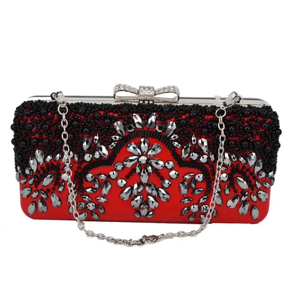 Black Beading Red Pu Women Clutch Evening Bag With Chain diamonds luxurious Day Clutches messenger shoulder Bag wallet handbags