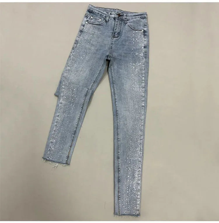 Spring Fall Women Vintage Black Diamonds High Waisted Jeans Woman Ankle-length Blue Denim Pant Streetwear Trousers