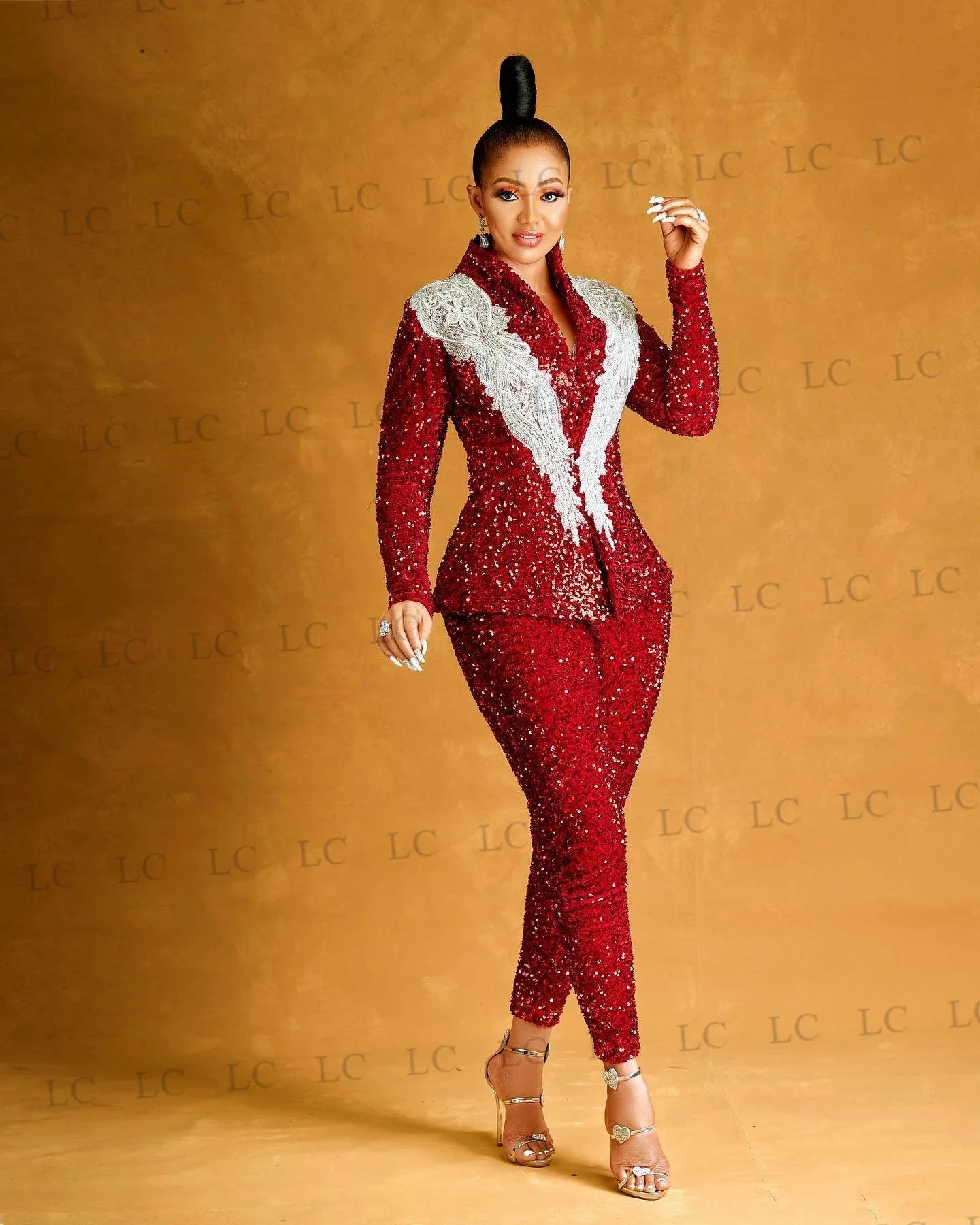 Red Sequins Silver Appliques Women Suits 2 Pieces One Button Blazer Pants Slim No Lapel Plus Size Tailored Mother Of The Bride