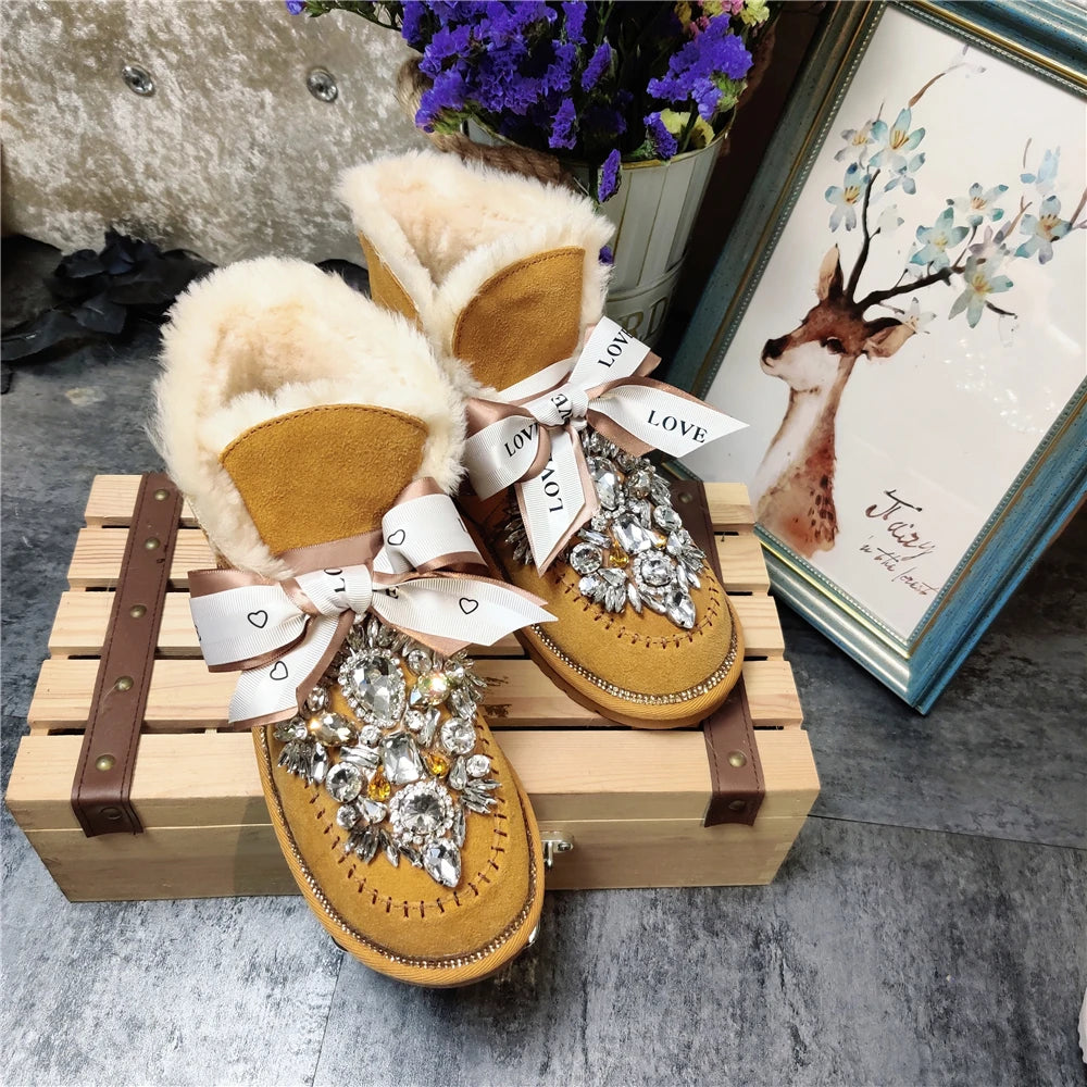 2024 new snow boots cotton shoes goddess short tube leather cute hair ball bow snow boots plus velvet non-slip