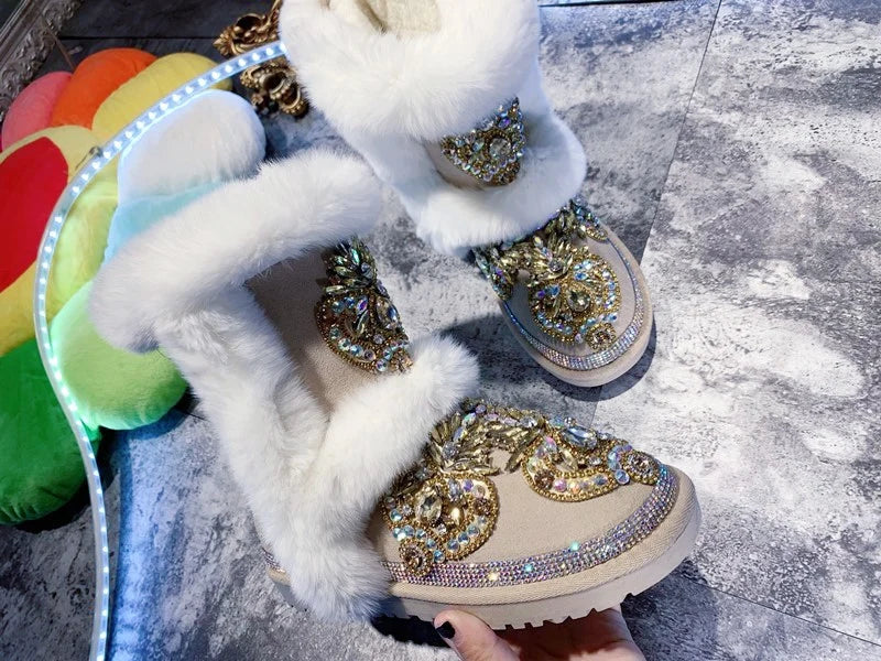 2024 new snow boots: fashionable otter rabbit hair, Rhinestone, manual middle tube, real leather, warm and anti-skid snow boots