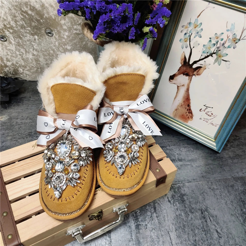 2024 new snow boots cotton shoes goddess short tube leather cute hair ball bow snow boots plus velvet non-slip