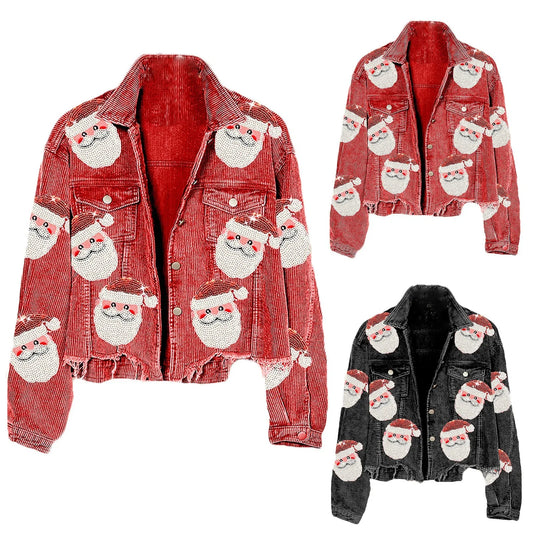 Women Autumn Winter Corduroy Print Jacket Multi-Color Santa Claus Pattern Sequin Baseball Jacket Laides Christmas Short Jackets