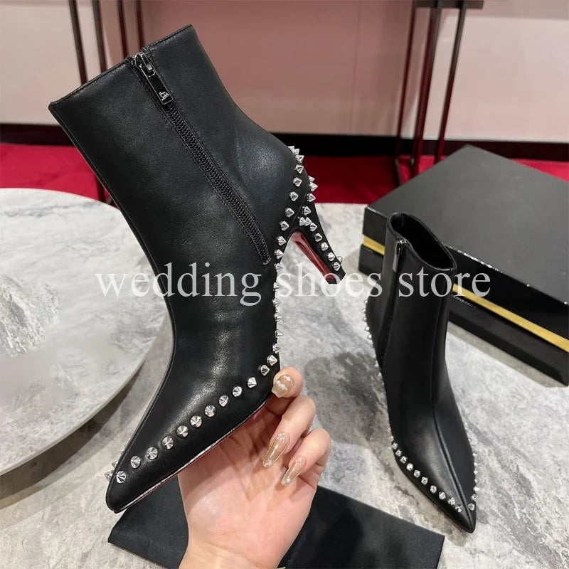 Women's Rivet Ankle Boots Black Design 8.5cm Stiletto Sexy Pumps Temperament Pointy High-heeled Leather High Quality Women Shoes