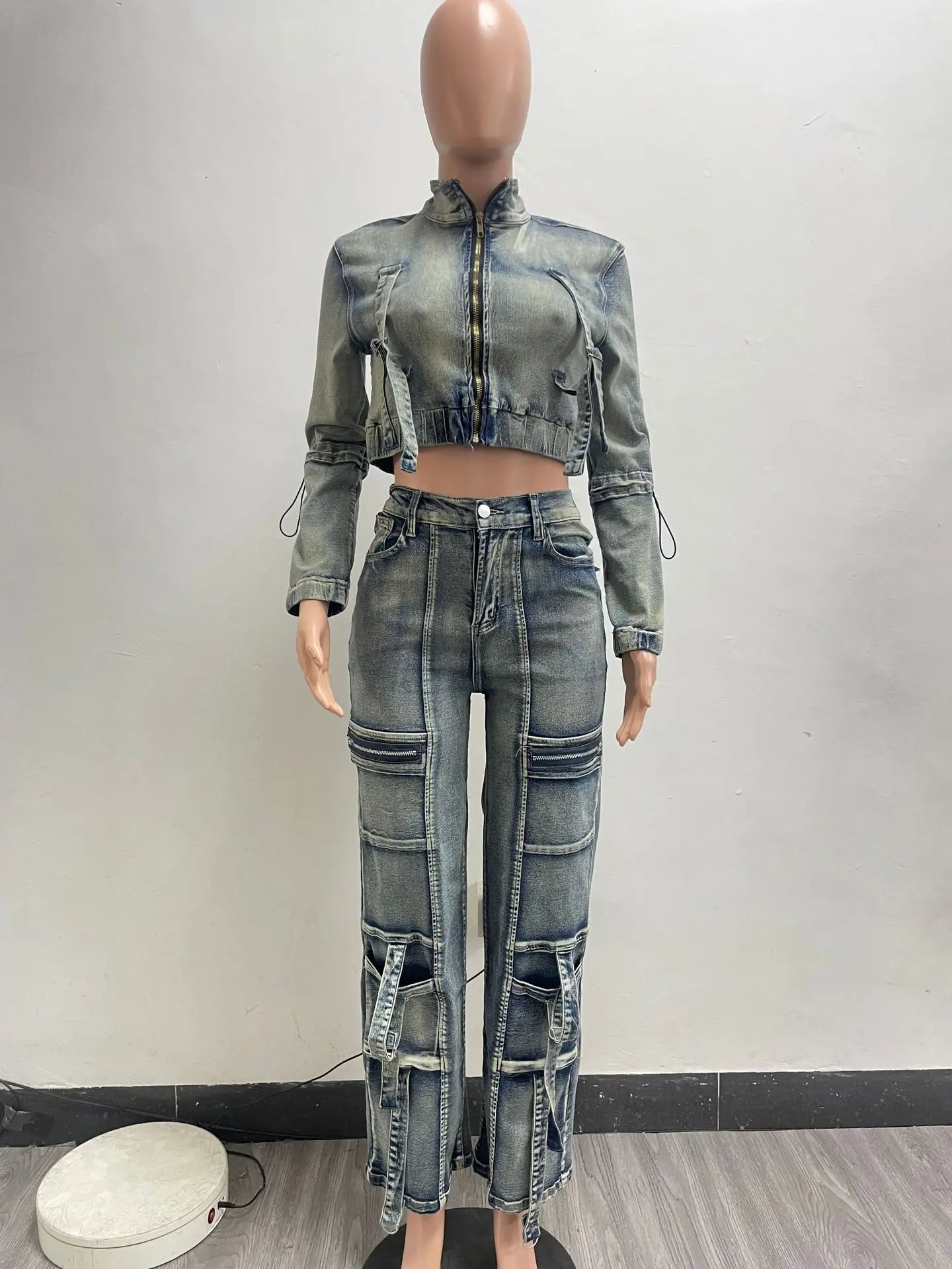 Joskaa Stretch Deinim 2 Piece Sets Women Sexy Long Sleeve Zip Jackets and Multi Pocket Straight Pants Matching Autumn Streetwear