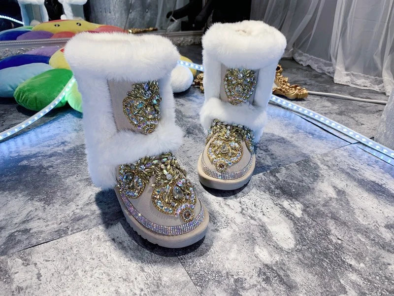 2024 new snow boots: fashionable otter rabbit hair, Rhinestone, manual middle tube, real leather, warm and anti-skid snow boots