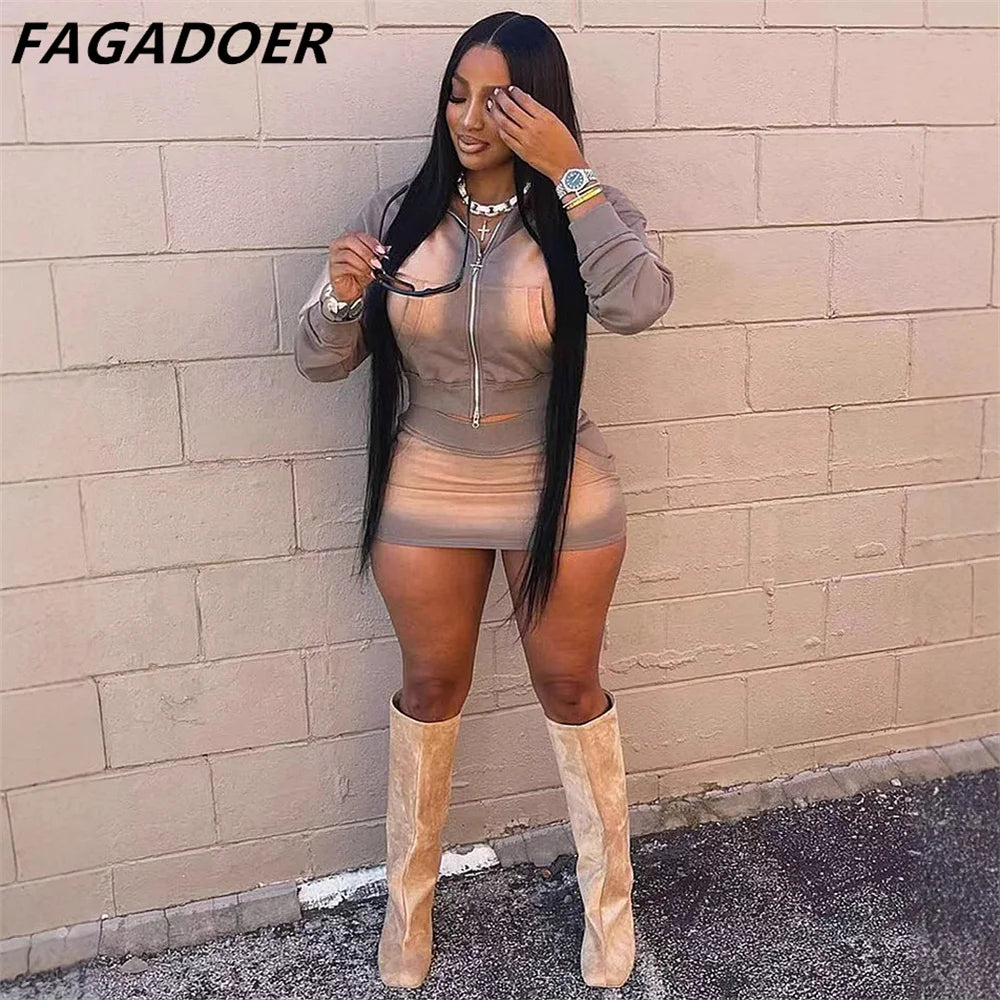 FAGADOER Pink Tie Dye Print Two Piece Sets Women Outfits Fashion Zip Pocket Long Sleeve Crop Top And High Waist Skirts Clothing