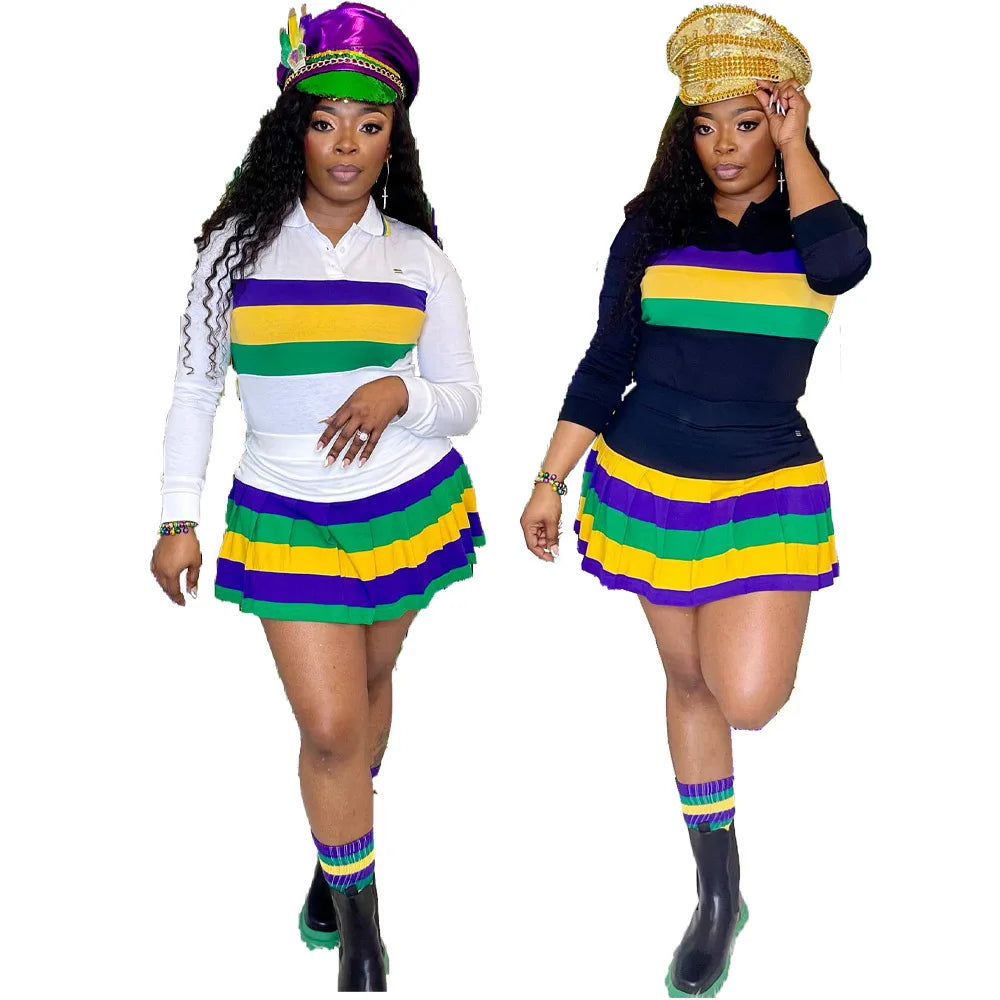 Women Mardi Gras Long Sleeve Shirt Skirt 2 Piece Set Outfits Ladies Mardi Gras Clothing Top Apparel Clothin For 2025