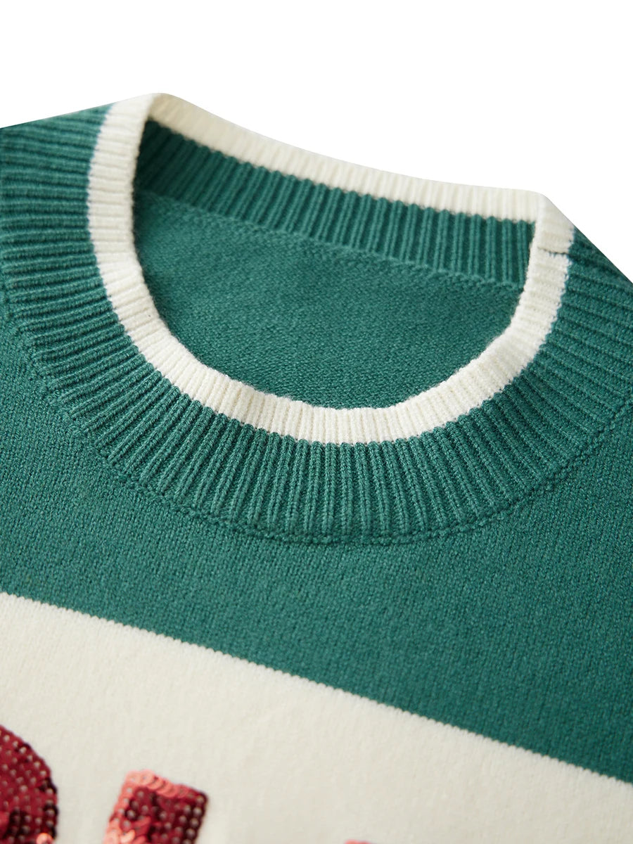 Women's Christmas Knit Sweater Long Sleeve Crewneck Sequins Letter Casual Striped Knitwear