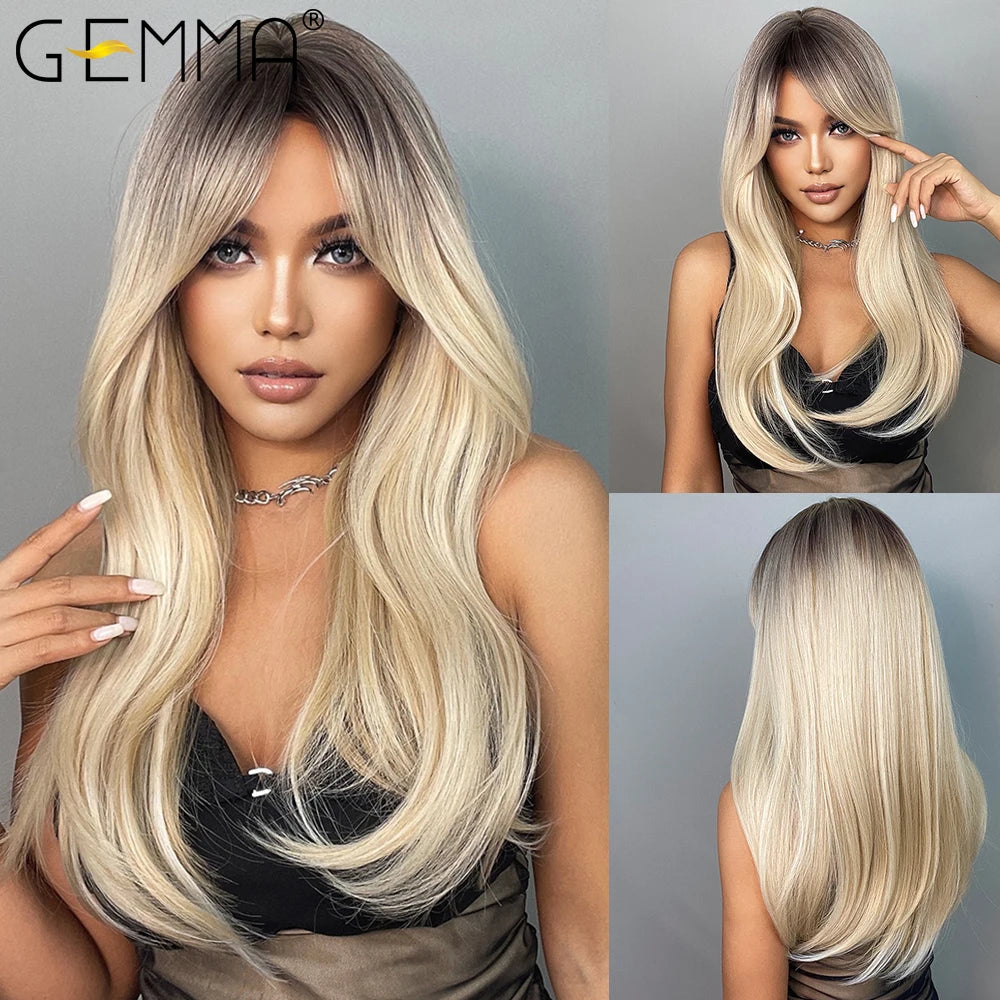 GEMMA Ombre Brown Blonde Long Straight Synthetic Wigs with Bangs Cosplay Wig for Women High Temperature Natural Fake Hair - SN Wigs & More