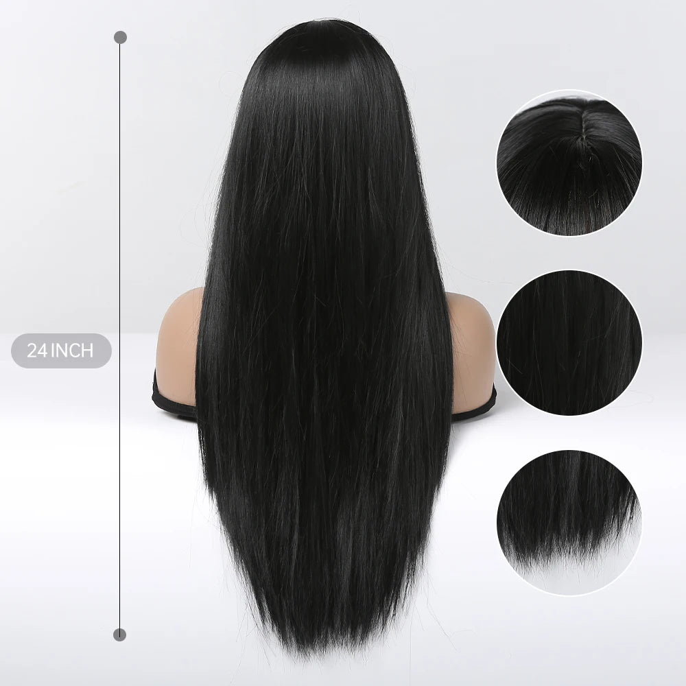 EASIHAIR Long Silky Straight Synthetic Wigs with Bangs Black Cosplay Party Lolita Hair Wigs for Women Natural Heat Resistant Wig - SN Wigs & More