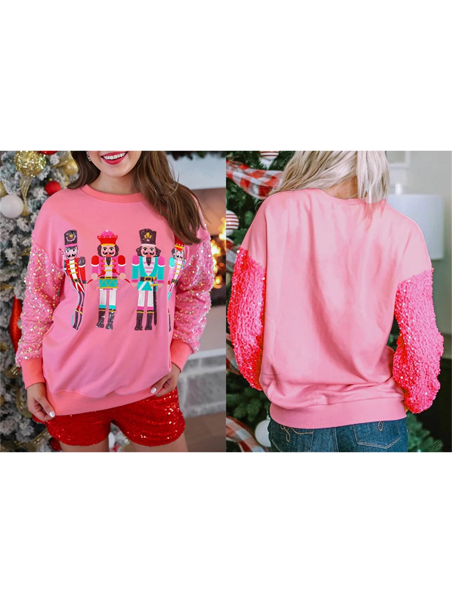 Women s Christmas Loose Pullover Glitter Sequin Long Sleeve Crew Neck Reindeer Printed Sweatshirt with Pockets