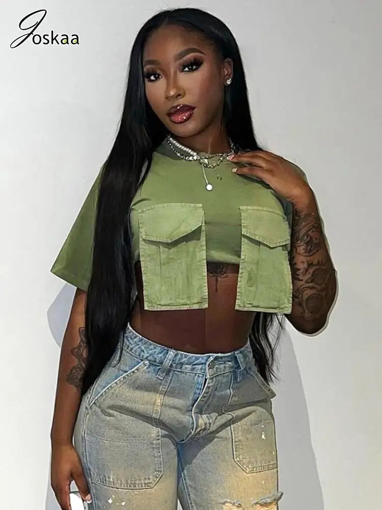 Joskaa Fashion Cargo Pockets Green T-Shirts Women Casual O-Neck Short Sleeve Slim Crop Tops 2024 Summer Female Tees Streetwear