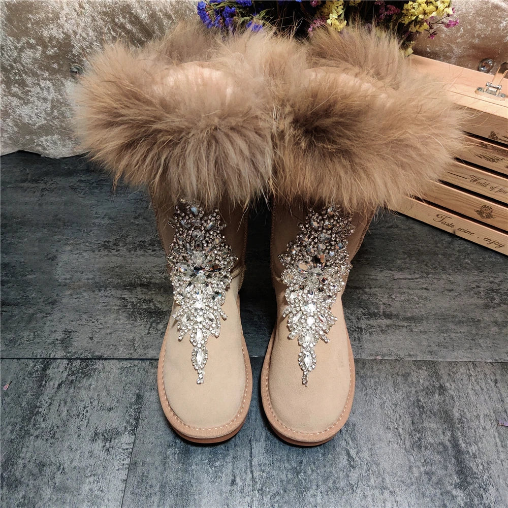 2024 new snow boot workers Shuozi raccoon hair tall tube plus velvet heavy duty frosted leather snow boots thickened warm cotton