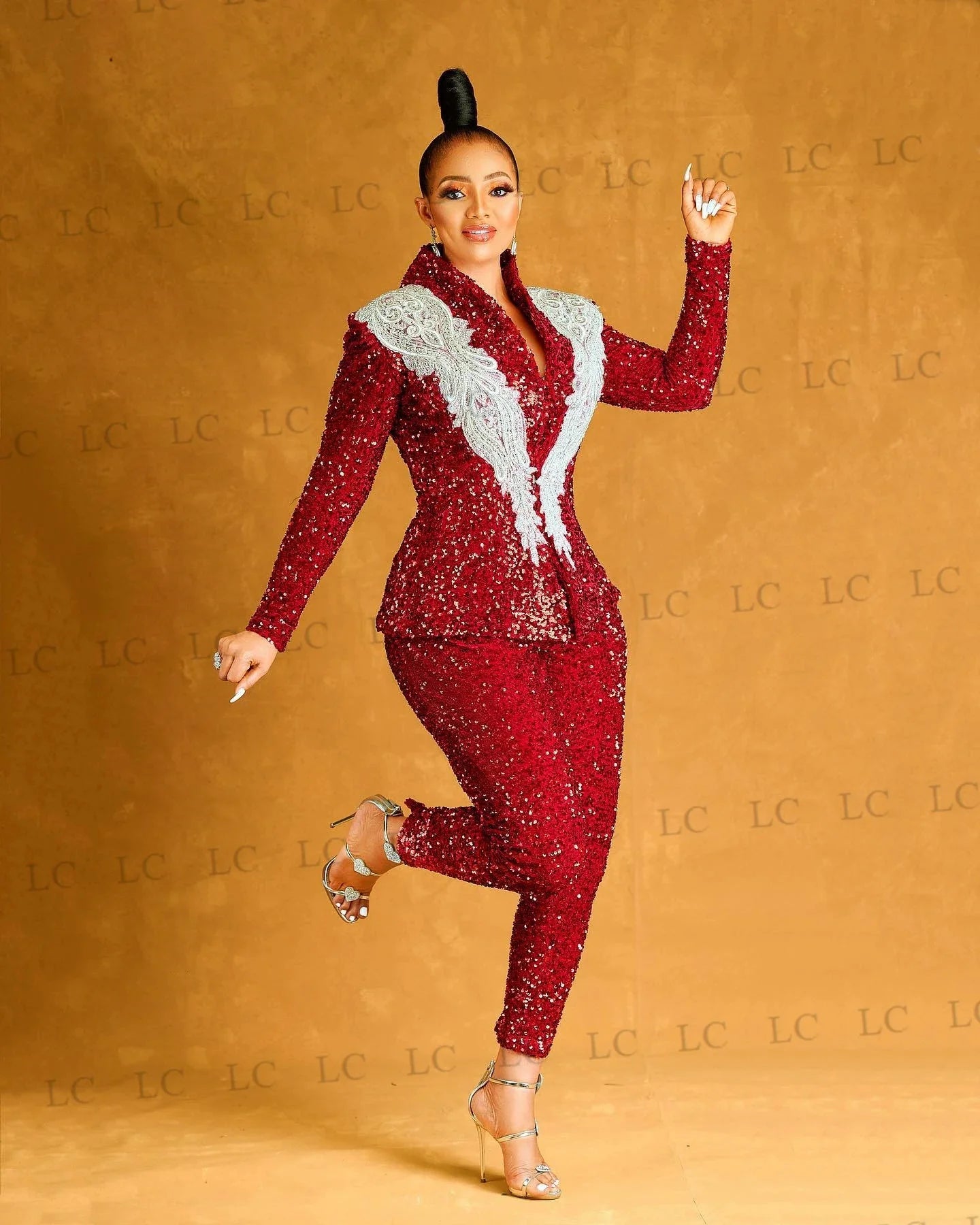 Red Sequins Silver Appliques Women Suits 2 Pieces One Button Blazer Pants Slim No Lapel Plus Size Tailored Mother Of The Bride