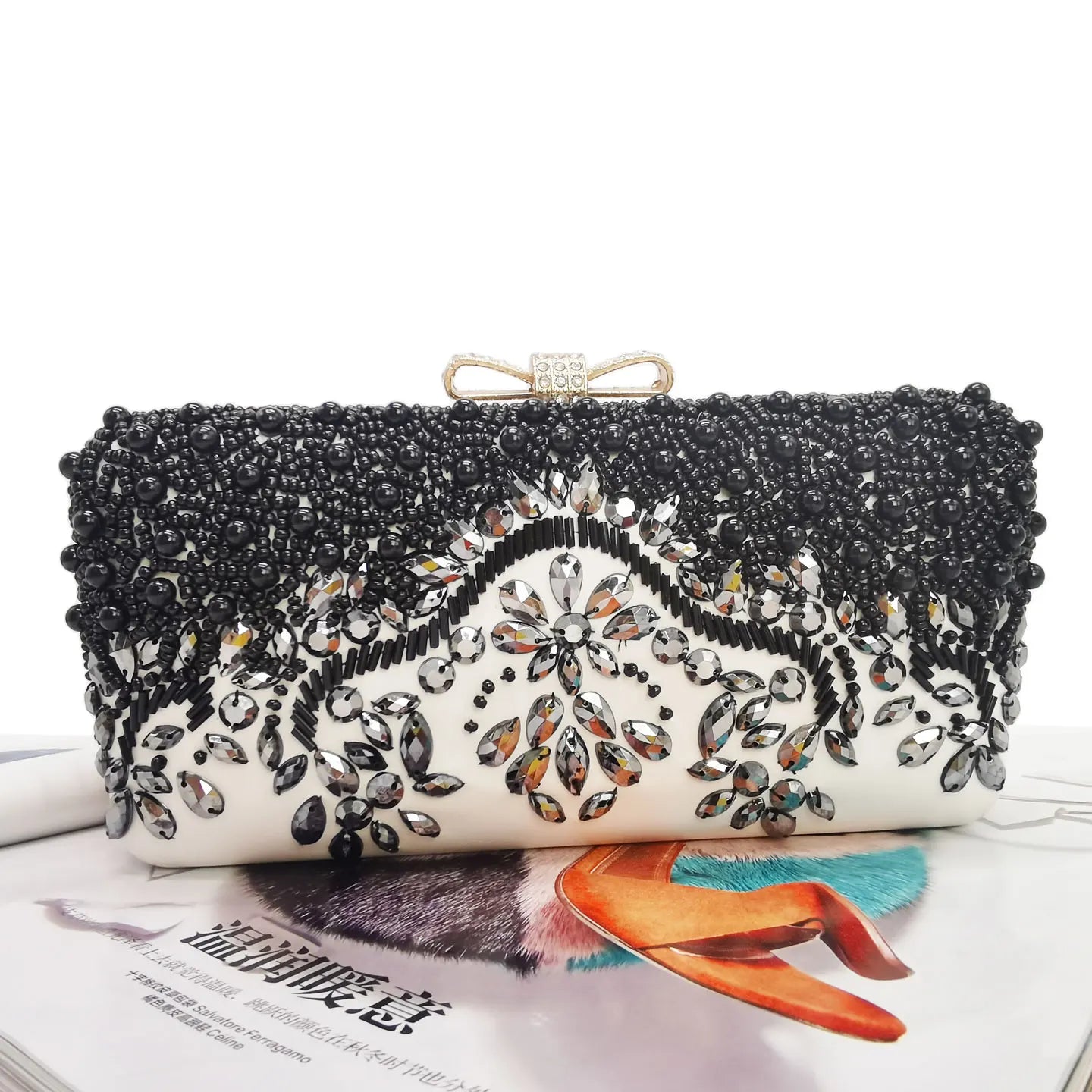 Black Beading Red Pu Women Clutch Evening Bag With Chain diamonds luxurious Day Clutches messenger shoulder Bag wallet handbags