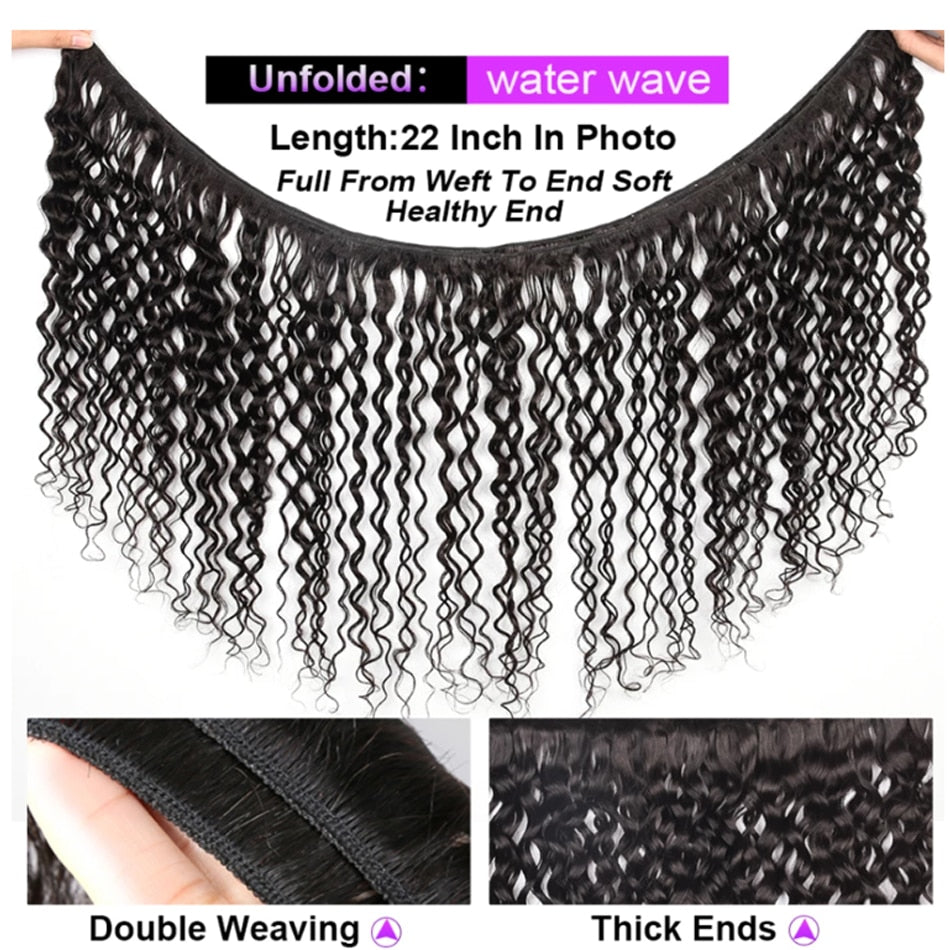 Indian Water Wave Bundles With Closure Wet and Wavy Curly 12A Human Hair Bundles With Remy Hair Weave 3Bundles With 13X4 Frontal - SN Wigs & More