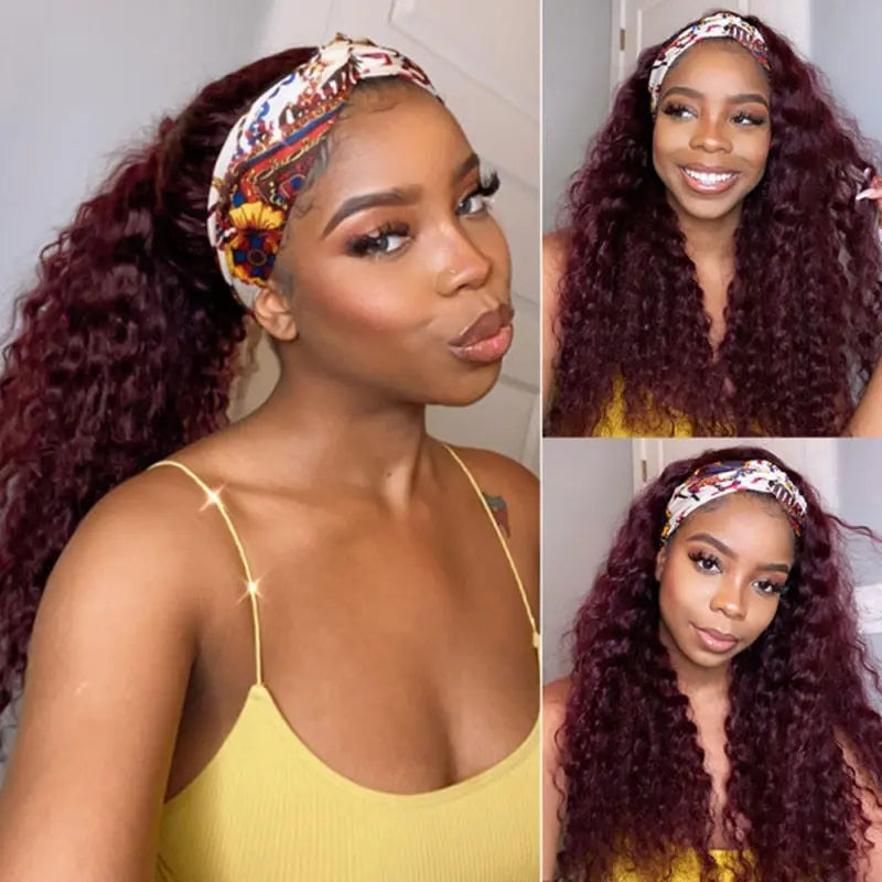 99j Burgundy Deep Wave Headbands Wig - SN Wigs & More