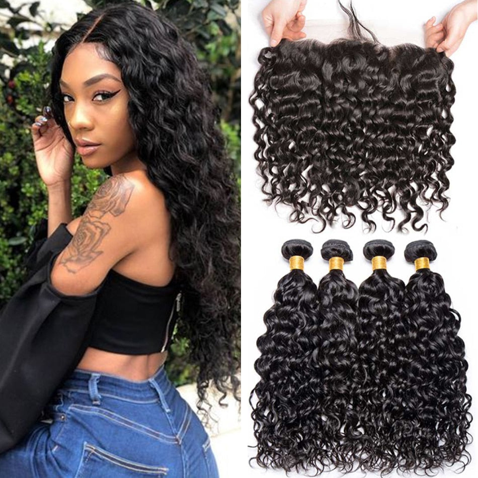 Indian Water Wave Bundles With Closure Wet and Wavy Curly 12A Human Hair Bundles With Remy Hair Weave 3Bundles With 13X4 Frontal - SN Wigs & More