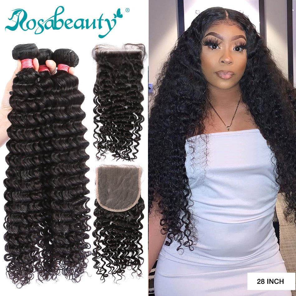 Rosabeauty 30 32 inch Deep Wave Bundles With Closure Peruvian Remy Human Hair Weaves Water Curly and 5X5 HD Lace Closure Frontal - SN Wigs & More