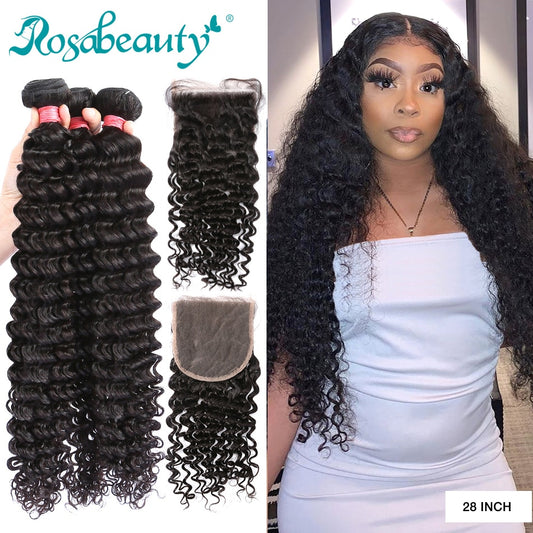 Rosabeauty 30 32 inch Deep Wave Bundles With Closure Peruvian Remy Human Hair Weaves Water Curly and 5X5 HD Lace Closure Frontal - SN Wigs & More