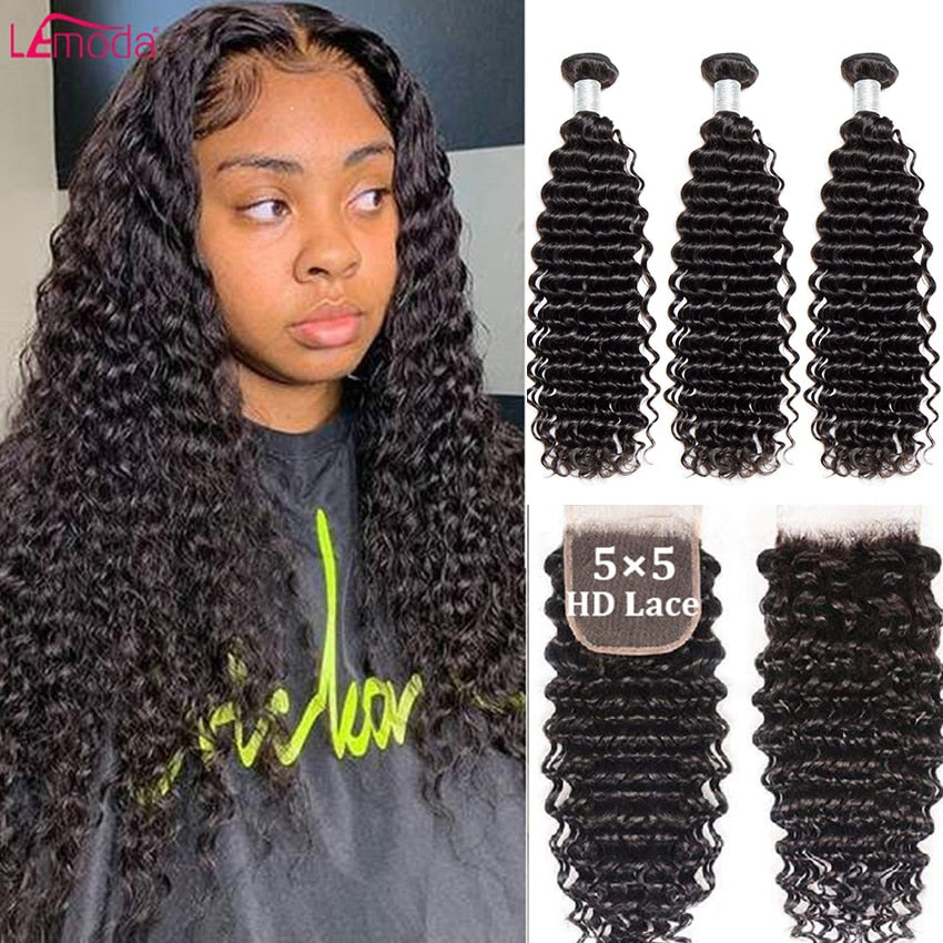 Deep Wave Human Hair Bundles With Closure Deep Curly Water Wave Hair Bundles With Frontal Closure 5x5 4x4 HD Lace Extensions - SN Wigs & More
