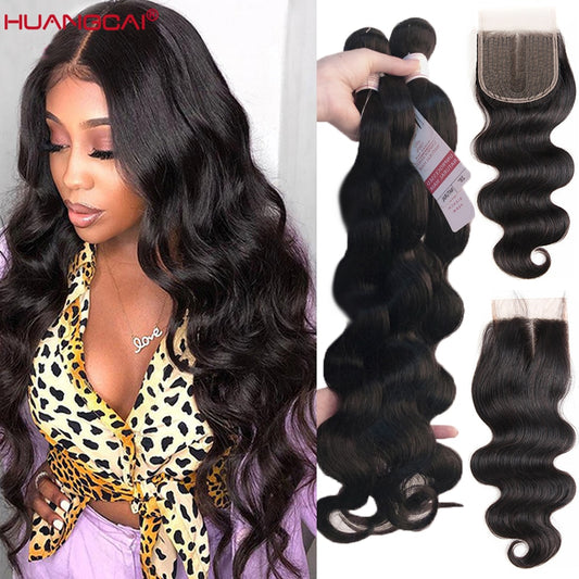 Body Wave Human Hair Bundles With Closure Remy Brazilian Hair 5x5x1 Closure 36 38 40 Inches Long Bundles Human Hair Extension - SN Wigs & More