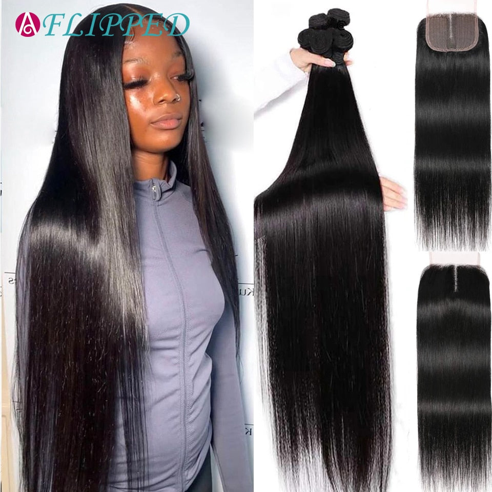 Indian Remy Hair Bone Straight Bundles With Closure Pre Plucked Weave Human Hair 3Bundles With Closure Extension 30 Inch Tissage - SN Wigs & More