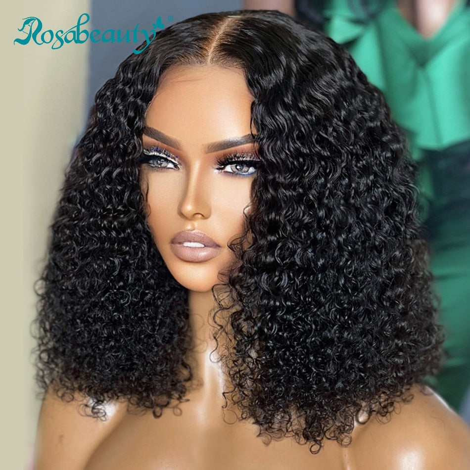 Rosabeauty Curly Short Bob Human Hair Wigs Lace Frontal 4x4 Closure Deep Wave Wig Glueless 13x1 T Part Brazilian Remy 180% - SN Wigs & More