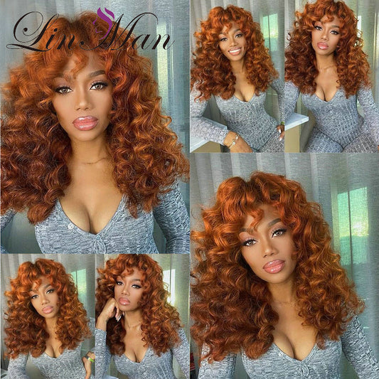 Full Machine Made Wig with Bangs 180 Density Remy Curly Human Hair Wig for Women Honey Blonde Brazilian Remy Water Wave Wigs - SN Wigs & More