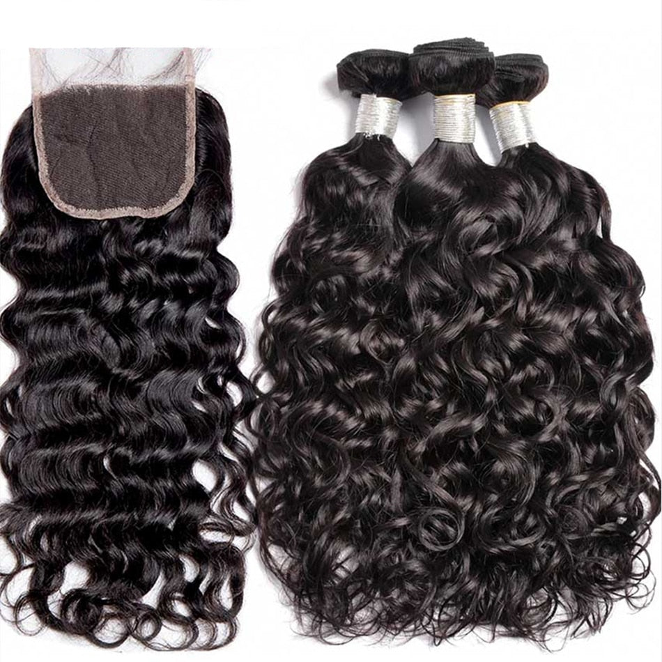 12A Malaysian Virgin Human Hair Water Wave Bundles With Closure 100% Unprocessed Deep Curly Ocean Wave Weave Hair Extensions - SN Wigs & More