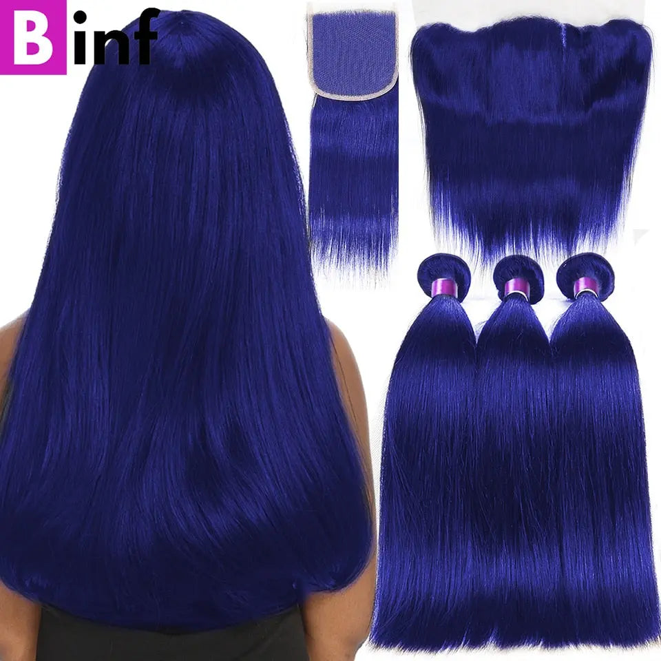 Blue Colored Bone Straight Bundles - SN Wigs & More